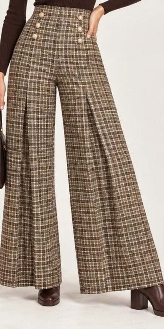 MICAS Black White Tweed-Look Wide Leg Trousers L NWT Gold Buttons